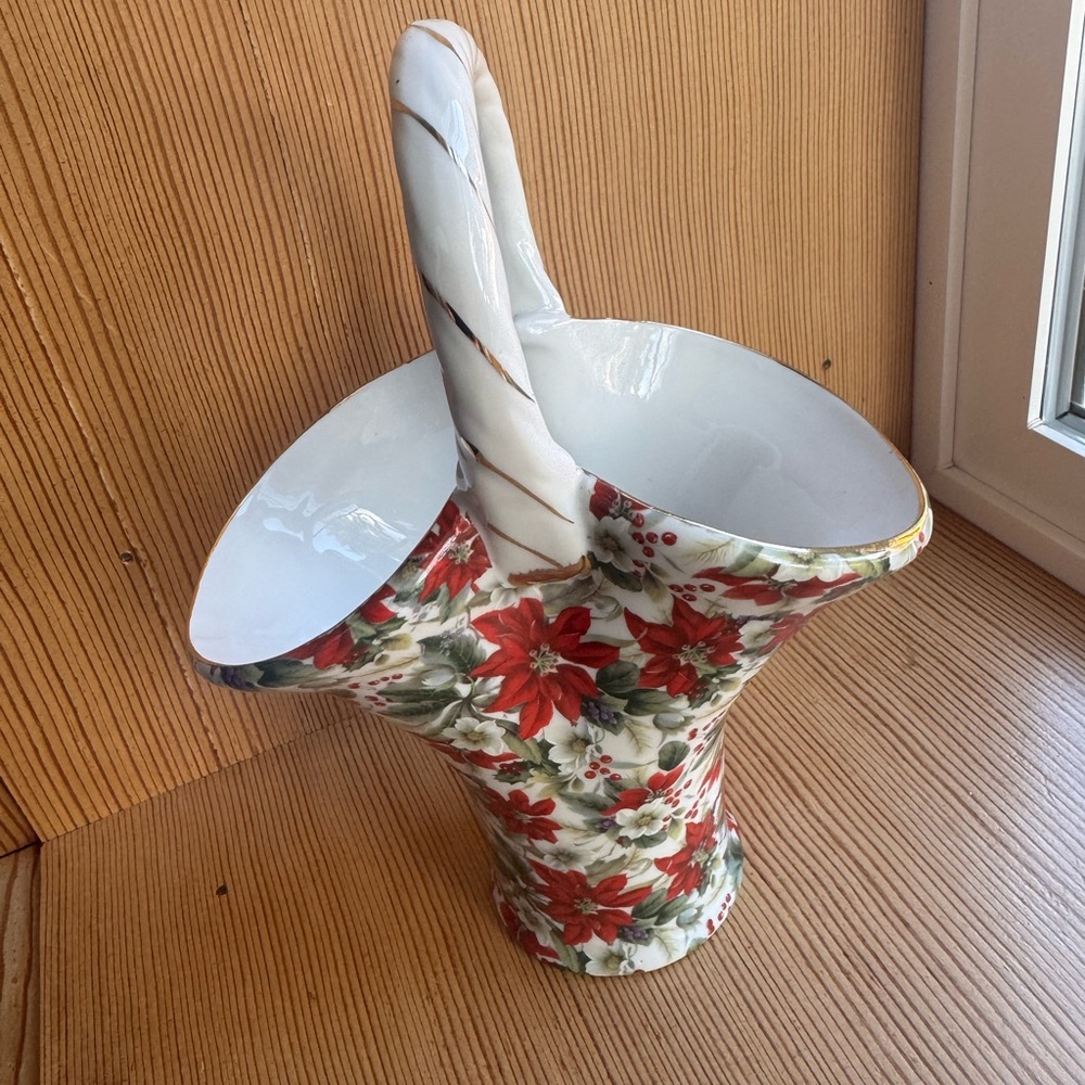 Formalities by Baum Bros Poinsettia ChintzCollection Ceramic Basket with Handle